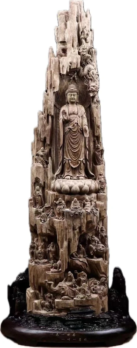 圖／十八羅漢拜佛祖，126╳30cm，巴布亞沉香。（社團法人中華藝術文化新創協會提供）